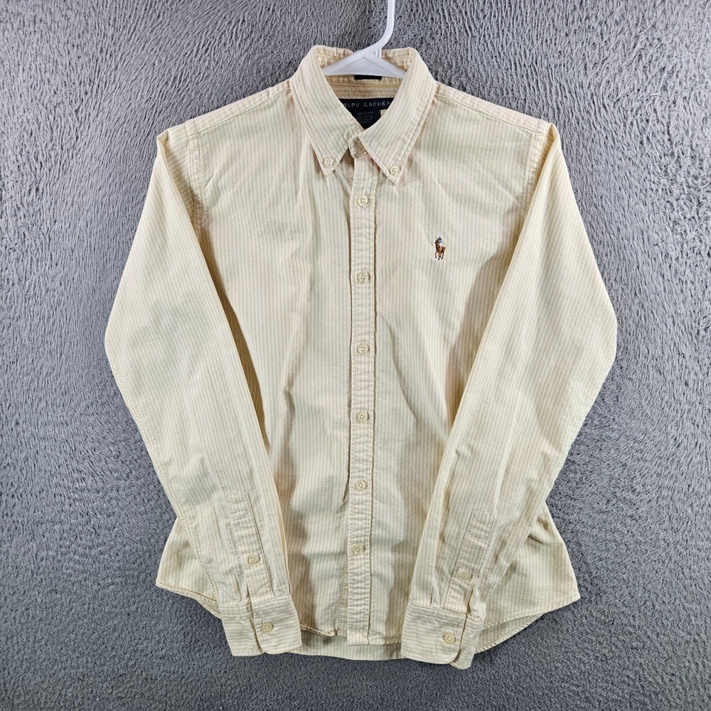 Ralph Lauren Womens Slim Fit Yellow White Striped Cotton Button Down Shirt 4